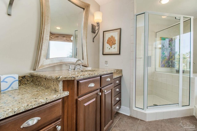 bathroom featuring vanity, tile patterned floors, and an enclosed shower