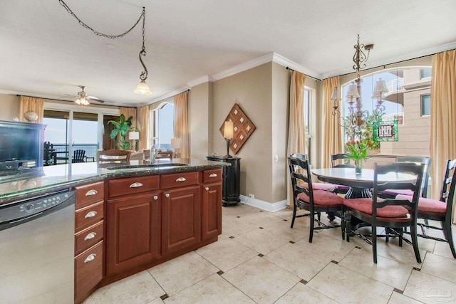 kitchen featuring pendant lighting, dishwasher, sink, crown molding, and ceiling fan