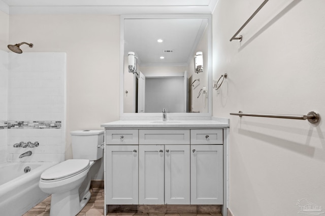 full bathroom featuring  shower combination, crown molding, vanity, and toilet