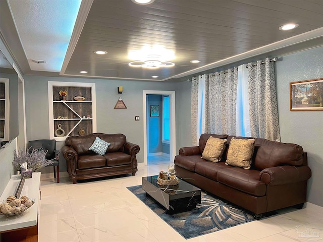 tiled living room with ornamental molding