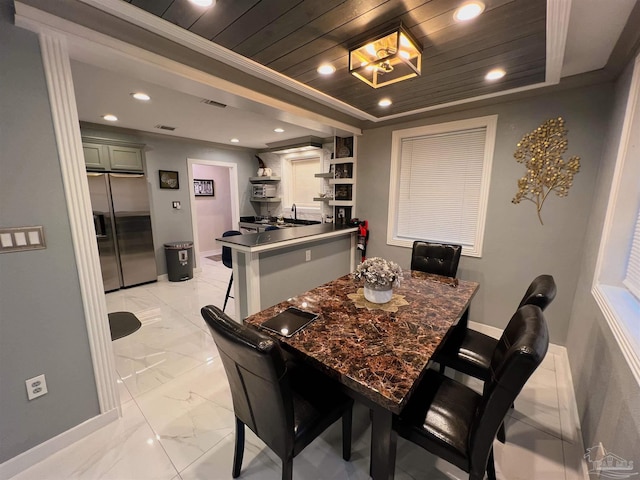 tiled dining room with wooden ceiling