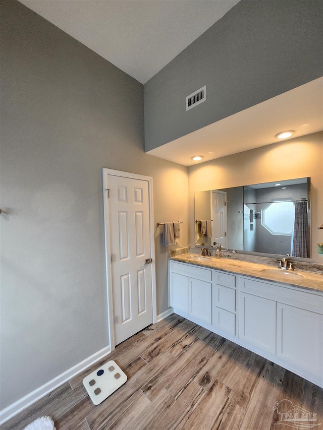 bathroom with hardwood / wood-style flooring and vanity