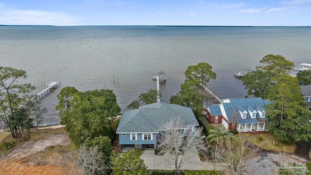 drone / aerial view featuring a water view