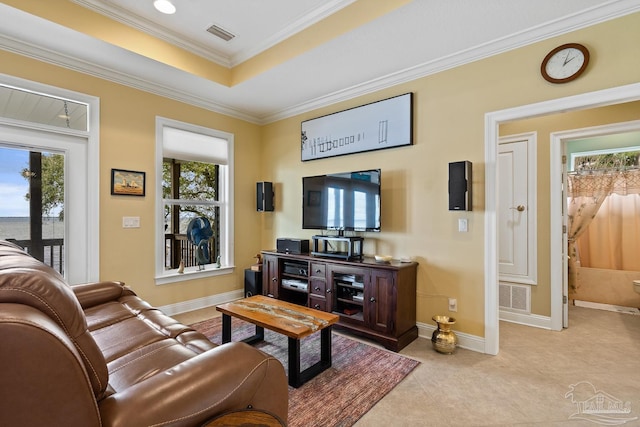 living room with a raised ceiling and crown molding