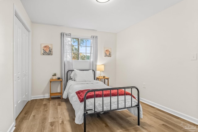 bedroom with hardwood / wood-style flooring and a closet