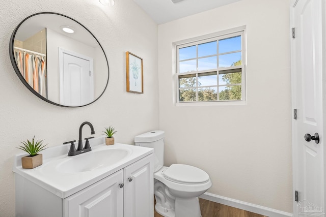 bathroom with vanity, wood-type flooring, and toilet