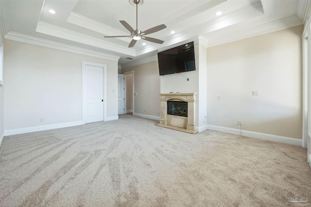 3995 W Madura Rd, Gulf Breeze, FL 32563 - unfurnished living room with crown molding, a ceiling fan, and a raised ceiling