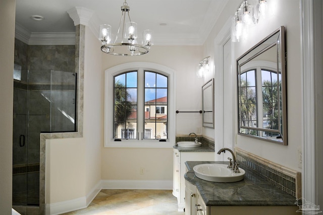 3995 W Madura Rd, Gulf Breeze, FL 32563 - full bathroom featuring crown molding, vanity, a stall shower, and a wealth of natural light