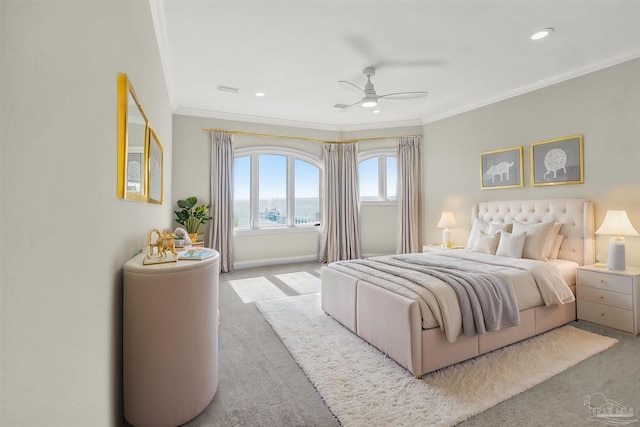 3995 W Madura Rd, Gulf Breeze, FL 32563 - carpeted bedroom with ornamental molding, a ceiling fan, recessed lighting, and visible vents