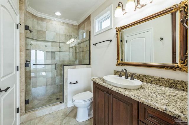 3995 W Madura Rd, Gulf Breeze, FL 32563 - full bathroom featuring crown molding, vanity, toilet, tile patterned floors, and a stall shower