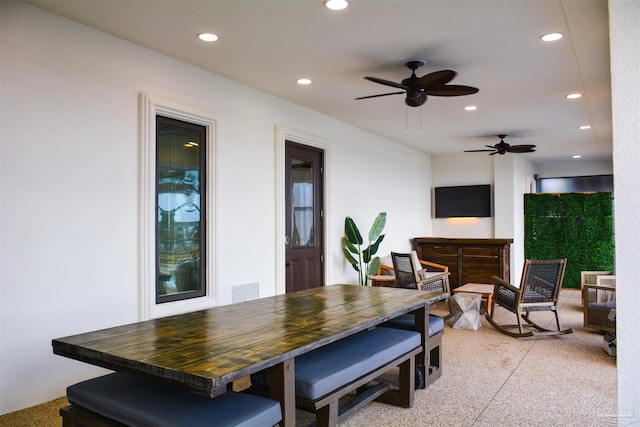 3995 W Madura Rd, Gulf Breeze, FL 32563 - dining area with recessed lighting, ceiling fan, visible vents, and light speckled floor