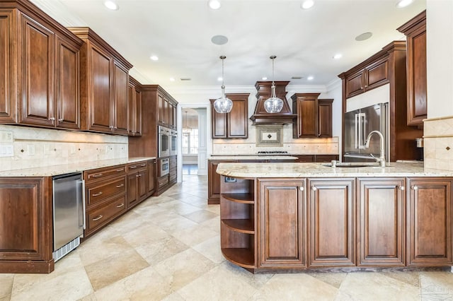 3995 W Madura Rd, Gulf Breeze, FL 32563 - kitchen with open shelves, a peninsula, premium range hood, backsplash, and stainless steel appliances