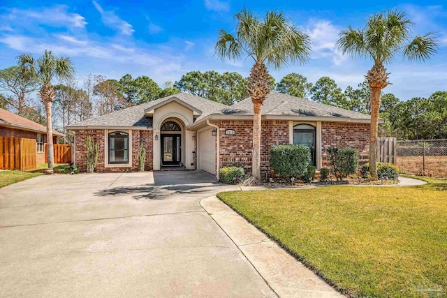 single story home featuring an attached garage, brick siding, fence, and a front yard