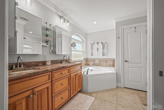 full bath featuring crown molding, visible vents, a sink, and tile patterned floors