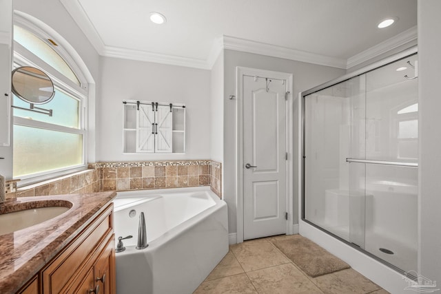 full bathroom featuring tile patterned flooring, crown molding, a shower stall, and a bath