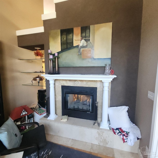 room details with a tiled fireplace