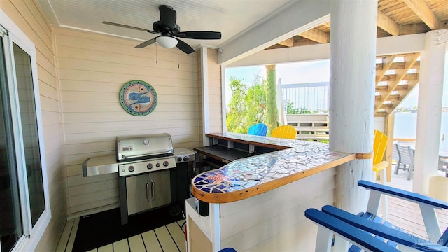 exterior space featuring ceiling fan and area for grilling