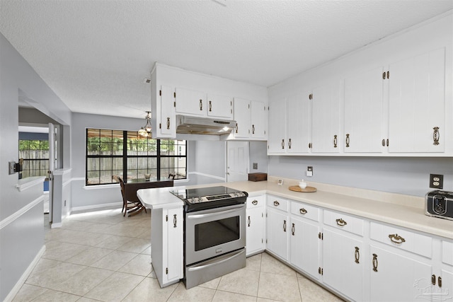 kitchen featuring a textured ceiling, electric range, white cabinetry, light countertops, and under cabinet range hood