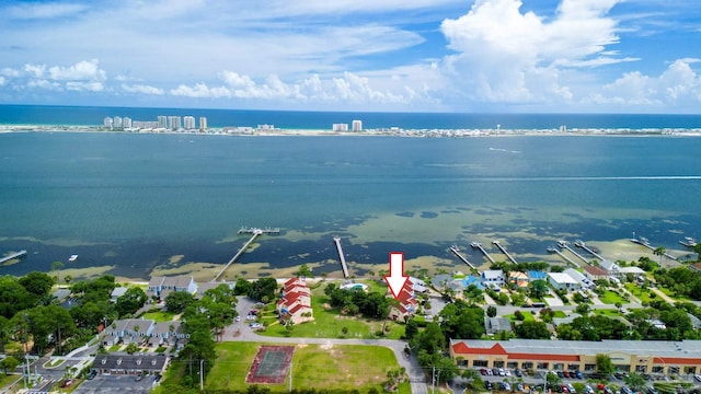 aerial view featuring a water view