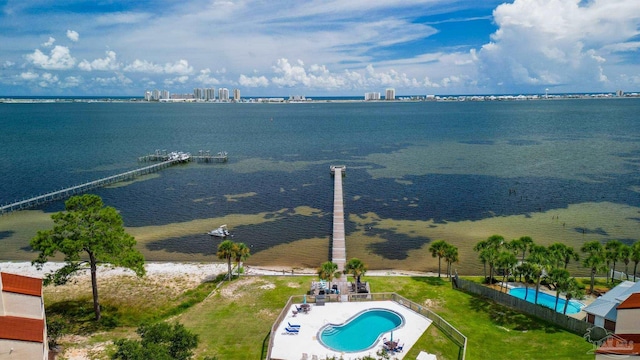 drone / aerial view with a water view