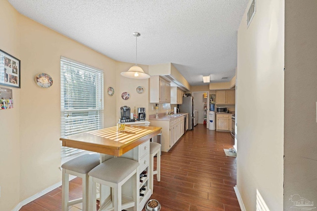 kitchen with sink, appliances with stainless steel finishes, dark hardwood / wood-style floors, a textured ceiling, and decorative light fixtures