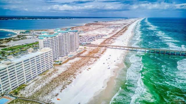 bird's eye view with a view of the beach and a water view