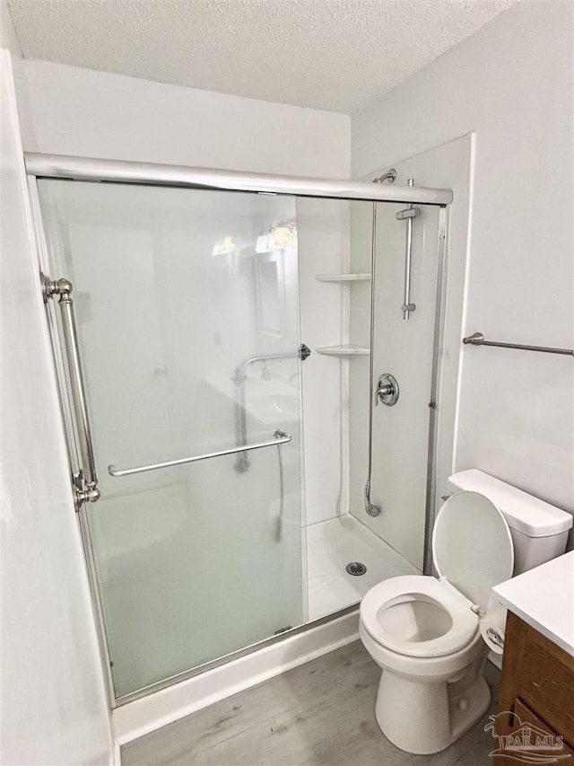 5737 Chumuckla Hwy, Pace, FL 32571 - bathroom with wood finished floors, a stall shower, a textured ceiling, vanity, and toilet