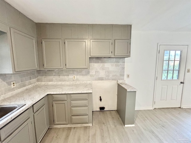 5737 Chumuckla Hwy, Pace, FL 32571 - kitchen with light wood finished floors, gray cabinetry, and tasteful backsplash