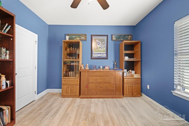 interior space featuring light hardwood / wood-style flooring and ceiling fan