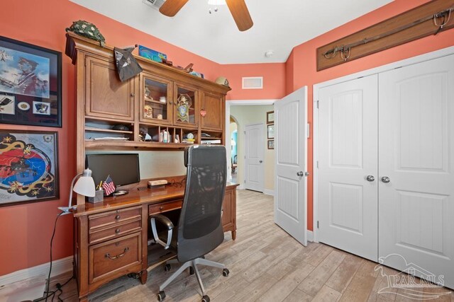 office area featuring light hardwood / wood-style floors and ceiling fan