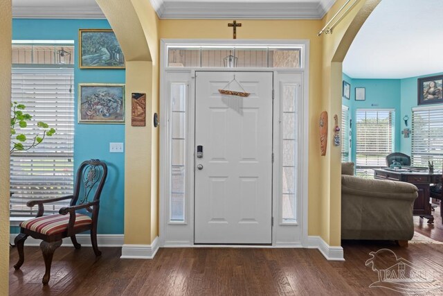 foyer entrance featuring crown molding and dark hardwood / wood-style flooring