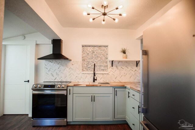 kitchen with sink, tasteful backsplash, wooden counters, appliances with stainless steel finishes, and wall chimney range hood