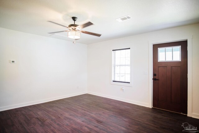 foyer featuring dark hardwood / wood-style floors and ceiling fan