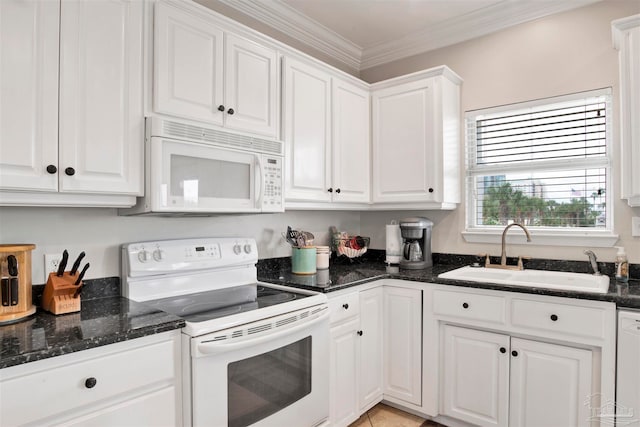 kitchen featuring white cabinets, crown molding, white appliances, and sink