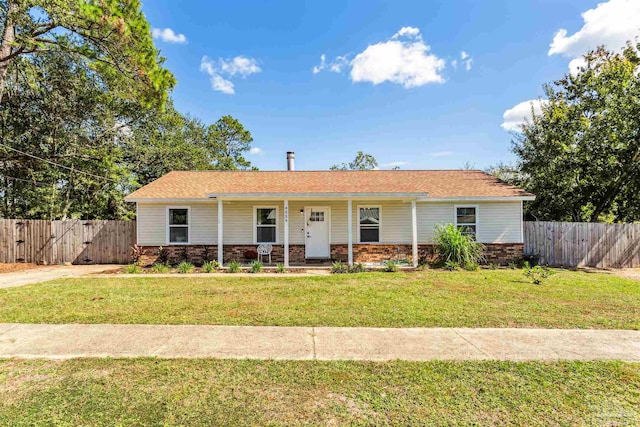 ranch-style house with a porch and a front yard