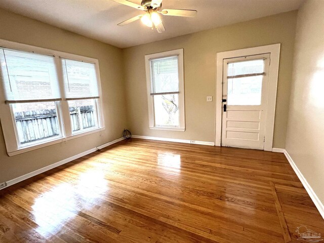 interior space with wood-type flooring, plenty of natural light, and ceiling fan