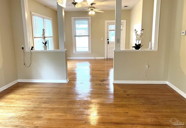 unfurnished room featuring ceiling fan, light hardwood / wood-style flooring, and a healthy amount of sunlight