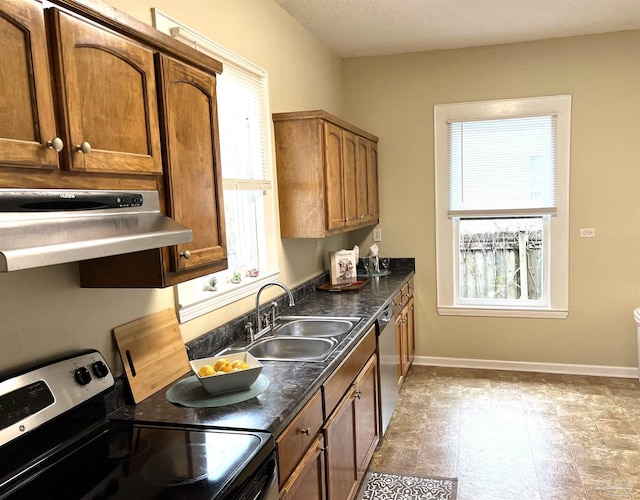 kitchen with sink, appliances with stainless steel finishes, and ventilation hood