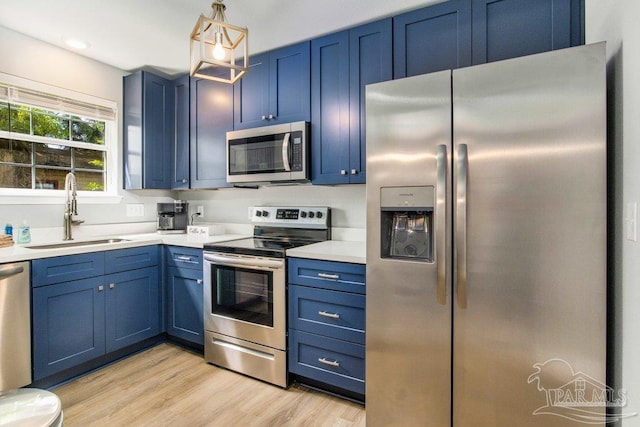 206 N G St, Pensacola, FL 32502 - kitchen featuring appliances with stainless steel finishes, a sink, blue cabinetry, and light countertops
