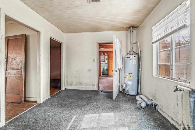 interior space with water heater and wooden ceiling