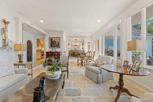 bar featuring light tile patterned floors, beverage cooler, dishwasher, light stone countertops, and ornate columns