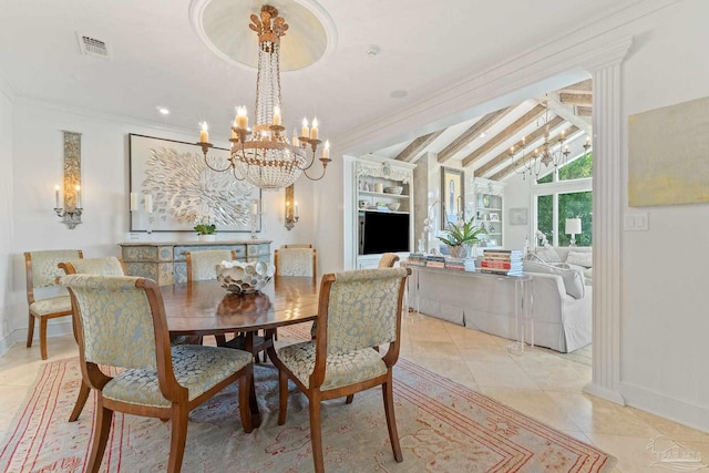 dining space with lofted ceiling with beams, light tile patterned floors, visible vents, baseboards, and crown molding