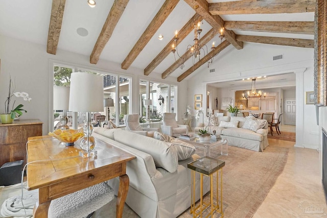 living room with high vaulted ceiling, beam ceiling, visible vents, and a notable chandelier