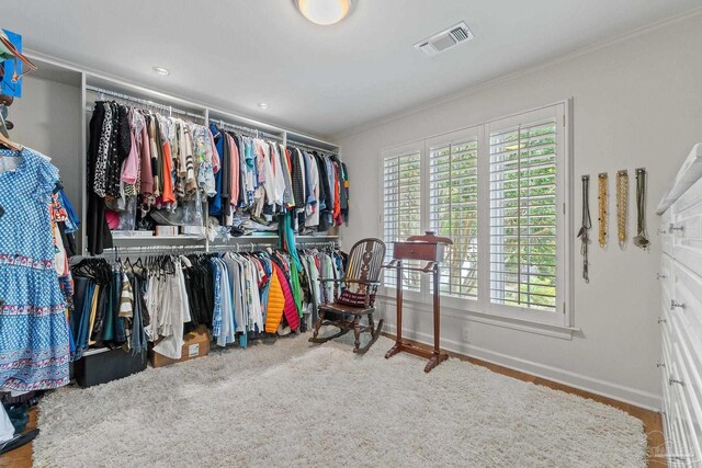 walk in closet with light hardwood / wood-style floors