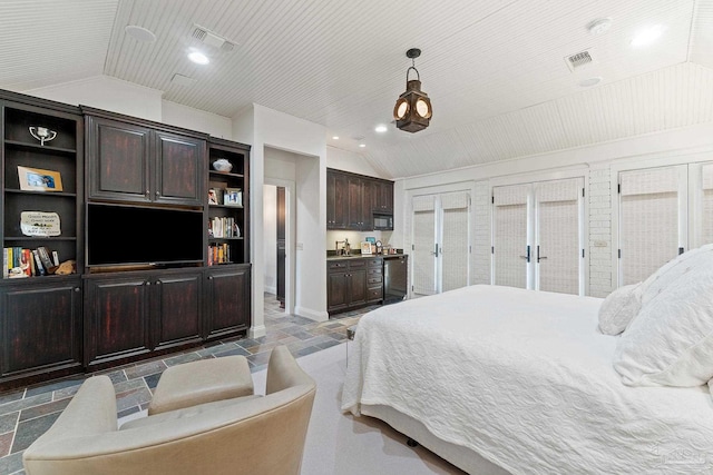 bedroom featuring vaulted ceiling, wood ceiling, visible vents, and stone tile flooring