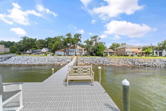 dock area with a residential view and a water view