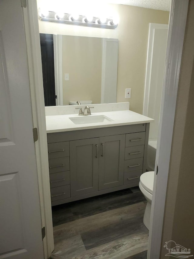 bathroom with toilet, vanity, and wood finished floors