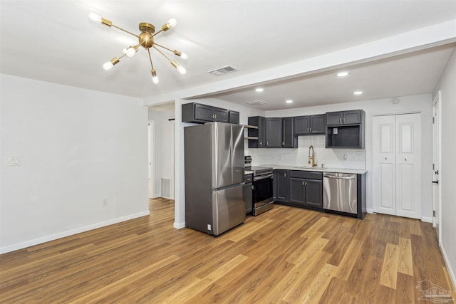 kitchen featuring sink, decorative backsplash, gray cabinets, wood-type flooring, and stainless steel appliances