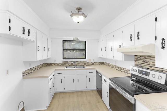 kitchen with sink, white cabinetry, stainless steel electric range, black dishwasher, and decorative backsplash