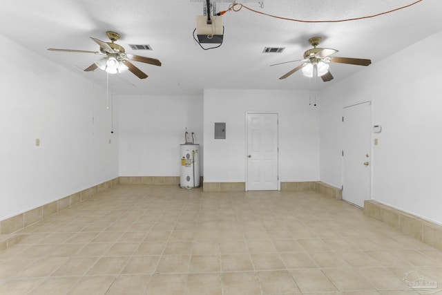 garage with a garage door opener, electric panel, electric water heater, and ceiling fan